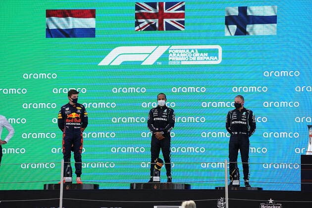 F1 Aramco Grand Prix of Spain 2021 09 05 2021, Circuit de Catalunya, Barcelona, F1 Aramco Grand Prix of Spain 2021 , in picture podium winner Lewis Hamilton GBR 44 , Mercedes AMG Petronas Formula One Team, 2nd place for Max Verstappen NEL 33 , Red Bull Racing Honda, 3rd place for Valtteri Bottas FIN 77 , Mercedes AMG Petronas Formula One Team nordphotoxGmbHx xBratic nph00250