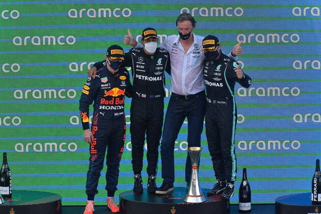 F1 Aramco Grand Prix of Spain 2021 09 05 2021, Circuit de Catalunya, Barcelona, F1 Aramco Grand Prix of Spain 2021 , in picture winner Lewis Hamilton GBR 44 , Mercedes AMG Petronas Formula One Team, 2nd place for Max Verstappen NEL 33 , Red Bull Racing Honda, 3rd place for Valtteri Bottas FIN 77 , Mercedes AMG Petronas Formula One Team nordphotoxGmbHx xBratic nph00250
