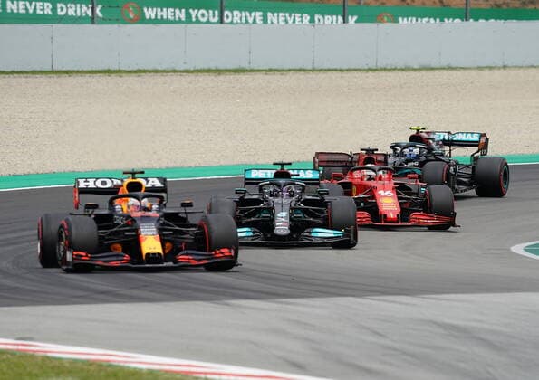 F1 Aramco Grand Prix of Spain 2021 09 05 2021, Circuit de Catalunya, Barcelona, F1 Aramco Grand Prix of Spain 2021 , pictured Max Verstappen NEL 33 , Red Bull Racing Honda, Lewis Hamilton GBR 44 , Mercedes AMG Petronas Formula One Team, Charles Leclerc MCO 16 , Scuderia Ferrari Mission Winnow, Valtteri Bottas FIN 77 , Mercedes AMG Petronas Formula One Team nordphotoxGmbHx xBratic nph00250