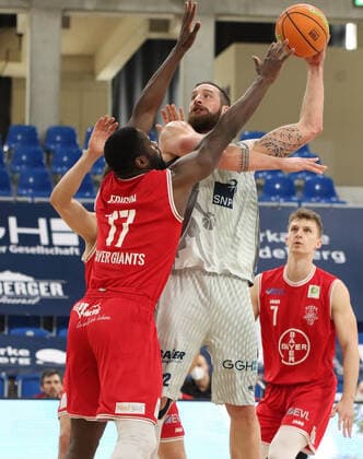 Phillipp Heyden 22, MLP Academics Heidelberg in a duel against Eddy Edigin Jr 17, Bayer GIANTS Leverkusen during the 2 final game in the BARMER 2 Basketball Bundesliga Pro A, MLP Academics Heidelberg Bayer Giants Leverkusen Heidelberg 09 05 21 Basketball , 09 05 2021, Heidelberg Germany xpxlax