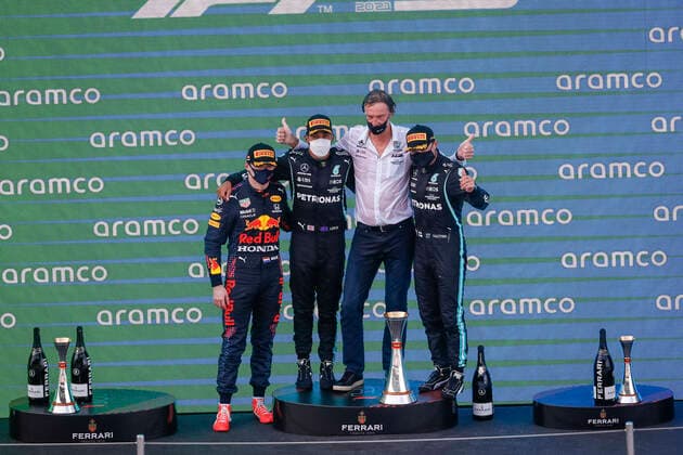 VERSTAPPEN Max (ned), Red Bull Racing Honda RB16B, HAMILTON Lewis (gbr), Mercedes AMG F1 GP W12 E Performance, BOTTAS Valtteri (fin), Mercedes AMG F1 GP W12 E Performance, RATCLIFFE Jim, INEOS CEO and Mercedes co-owner, portrait podium during the Formula 1 Aramco Gran Premio De Espana 2021 from May 07 to 10, 2021 on the Circuit de Barcelona-Catalunya, in Montmelo, near Barcelona, Spain FORMULE 1 : Grand prix d Espagne - Barcelone - 09 05 2021 DPPI Panoramic 