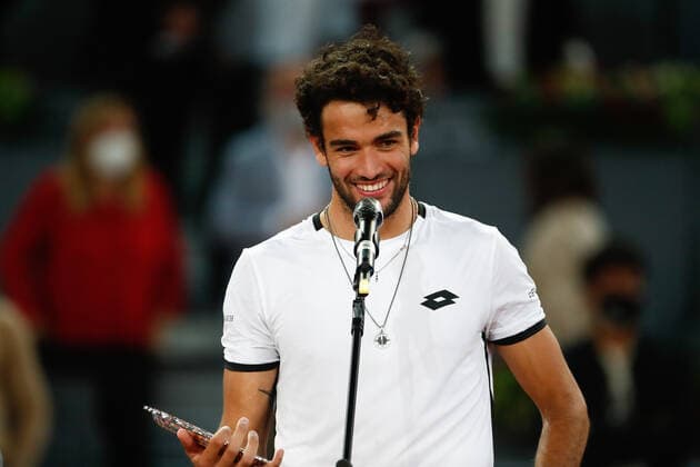 May 9, 2021, MADRID, MADRID, SPAIN: Matteo Berrettini of Italy attends with the second place trophy after losing his Men s Singles match, Finals, against Alexander Zverev of Germany on the ATP, Tennis Herren Masters 1000 - Mutua Madrid Open 2021 at La Caja Magica on May 9, 2021 in Madrid, Spain. MADRID SPAIN - ZUMAa181 20210509_zaa_a181_252 Copyright: xOscarxJ.xBarrosox