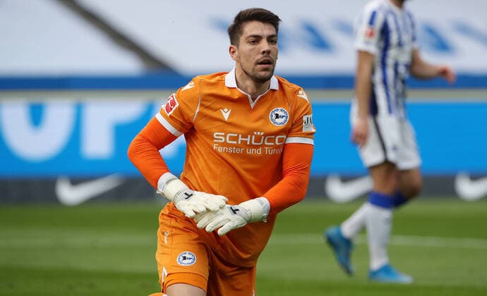 Goalkeeper Stefan Ortega Moreno action upper body upper body sports football soccer DFL Bundesliga men season 2020 2021 09 05 2021 Hertha BSC Berlin vs DSC Arminia Bielefeld ghost match because of Corona Covid 19