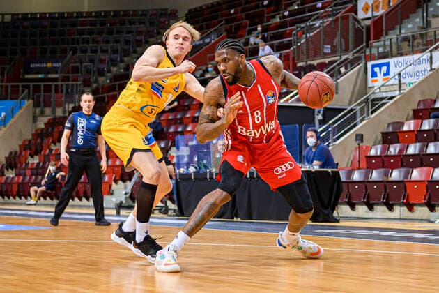 Ludwigsburg, Germany 09 May 2021 BBL 20 21 MHP Riesen Ludwigsburg vs FC Bayern Basketball Lukas Herzog Ludwigsburg , Jalen Reynolds FC Bayern Ludwigsburg MHP Arena Baden Württemberg Germany