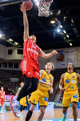 Ludwigsburg, Germany 09 May 2021 BBL 20 21 MHP Riesen Ludwigsburg vs FC Bayern Basketball Robin Amaize FC Bayern , Lukas Herzog Ludwigsburg , Desi Rodriguez Ludwigsburg Ludwigsburg MHP Arena Baden Württemberg Germany