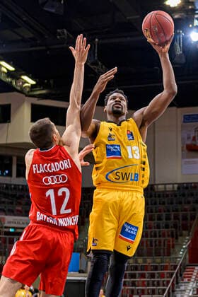 Ludwigsburg, Germany 09 May 2021 BBL 20 21 MHP Riesen Ludwigsburg vs FC Bayern Basketball v li Diego Flaccadori FC Bayern , Yorman Polas Bartolo Ludwigsburg Ludwigsburg MHP Arena Baden Württemberg Germany.