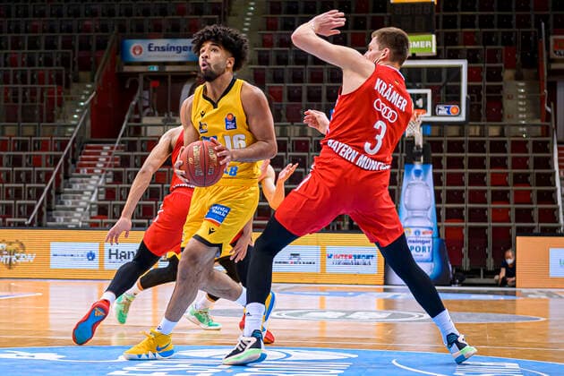 Ludwigsburg, Germany 09 May 2021 BBL 20 21 MHP Riesen Ludwigsburg vs FC Bayern Basketball v li Tyreese Blunt Ludwigsburg , David Krämer Kraemer FC Bayern Ludwigsburg MHP Arena Baden Württemberg Germany