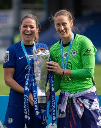 Goalkeeper Ann-Katrin Berger & Melanie Leupolz of Chelsea Women with the winners trophy after the team are crowned FAWSL Champions 2020 21 during the FAWSL match between Chelsea Women and Reading Women at the Kingsmeadow Stadium, Kingston, England on 9 May 2021. Copyright: xAndyxRowlandx PMI-4206-0049