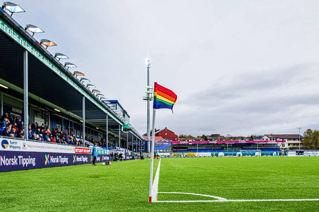 210512 A rainbow flag at Kristiansund Stadion during the Eliteserien match between Kristiansund and Bodo Glimt on May 12, 2021 in Kristiansund Photo Marius Simensen BILDBYRAN Cop 238 bbeng bodo glimt eliteserien football fotball fotboll kbk kristiansund,  Copyright: MARIUSxSIMENSEN BB210512BB864