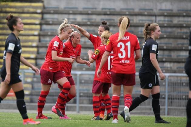 13 05 2021, xcex, GER, Frankfurt am Main, Stadion am Brentanobad, Frauenfussball, 2 Bundesliga Sued, Frauen Bundesliga Saison 2020 2021, SGE, Eintracht Frankfurt Frauen II 1 FC Koeln, Torjubel FC Koeln, Jubel, Freude, Emotionen, Goal celebration DFL regulations prohibit any use of photographs as image sequences and or quasi video