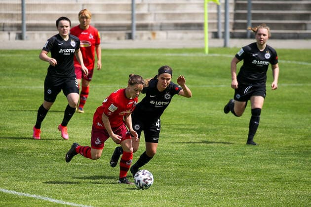 13 05 2021 2 BL 6 Spieltag Eintracht Frankfurt II 1 FC Köln v l , Alicia Sophie Gudorf 1 FC Köln , Kara Bathmann Eintracht Frankfurt II , Zweikampf, Action, Aktion, Battles for the Ball DFL DFB REGULATIONS PROHIBIT ANY USE OF PHOTOGRAPHS as IMAGE SEQUENCES and or QUASI VIDEO Copyright: JoaquimxFerreira