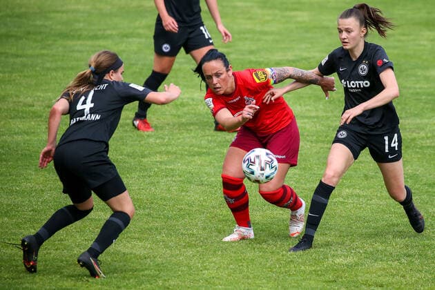 13 05 2021 2 BL 6 Spieltag Eintracht Frankfurt II 1 FC Köln v l , Kara Bathmann Eintracht Frankfurt II ,Peggy Kuznik 1 FC Köln , Malin Katharina Jansen Eintracht Frankfurt II , Zweikampf, Action, Aktion, Battles for the Ball DFL DFB REGULATIONS PROHIBIT ANY USE OF PHOTOGRAPHS as IMAGE SEQUENCES and or QUASI VIDEO Copyright: JoaquimxFerreira