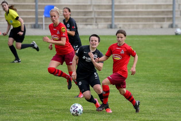 13 05 2021 2 BL 6 Spieltag Eintracht Frankfurt II 1 FC Köln v l , Thome Schneider Eintracht Frankfurt II ,Alicia Sophie Gudorf 1 FC Köln , Zweikampf, Action, Aktion, Battles for the Ball DFL DFB REGULATIONS PROHIBIT ANY USE OF PHOTOGRAPHS as IMAGE SEQUENCES and or QUASI VIDEO Copyright: JoaquimxFerreira