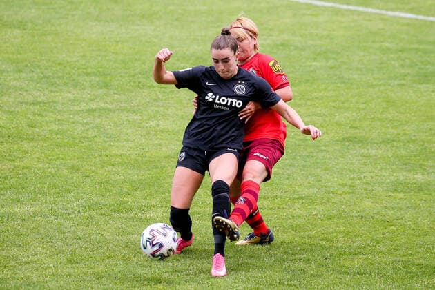 13 05 2021 2 BL 6 Spieltag Eintracht Frankfurt II 1 FC Köln v l , Luisa Blumenthal Eintracht Frankfurt II , Yuka Hirano 1 FC Köln , Zweikampf, Action, Aktion, Battles for the Ball DFL DFB REGULATIONS PROHIBIT ANY USE OF PHOTOGRAPHS as IMAGE SEQUENCES and or QUASI VIDEO Copyright: JoaquimxFerreira