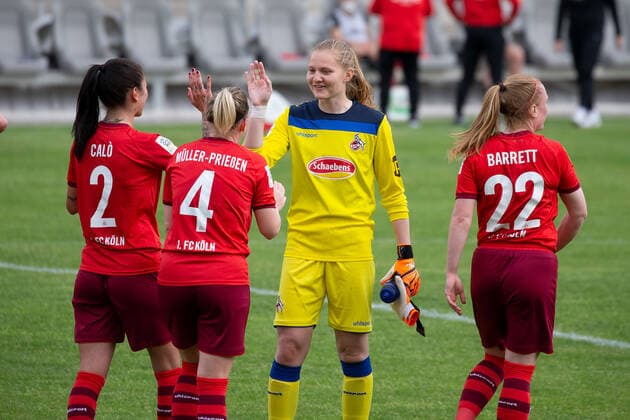 13 05 2021 2 BL 6 Spieltag Eintracht Frankfurt II 1 FC Köln v l , Francesca Calo 1 FC Köln ,Marith Kristin Müller Priessen 1 FC Köln , Goalkeeper Manon Klett 1 FC Köln and Anja Pfluger 1 FC Köln cheer after end of match DFL DFB REGULATIONS PROHIBIT ANY USE OF PHOTOGRAPHS as IMAGE SEQUENCES and or QUASI VIDEO Copyright: JoaquimxFerreira