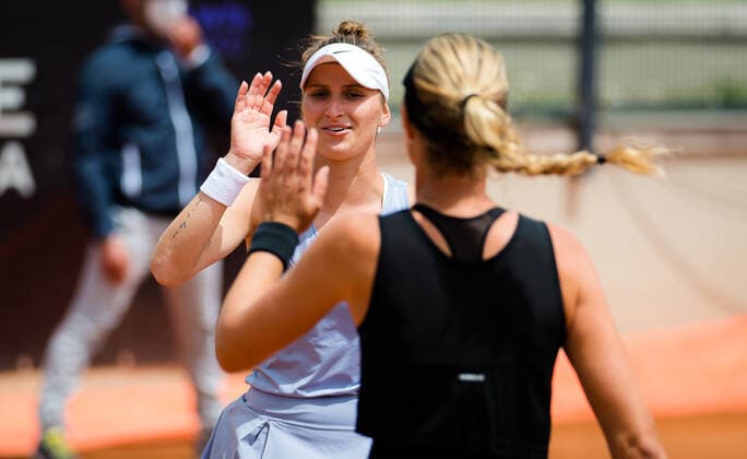 May 14, 2021, ROMA, ITALY: Kristina Mladenovic of France & Marketa Vondrousova of the Czech Republic in action during the doubles quarter-final at the 2021 Internazionali BNL d Italia WTA, Tennis Damen 1000 tournament ROMA ITALY - ZUMAa181 20210514_zaa_a181_078 Copyright: xRobxPrangex