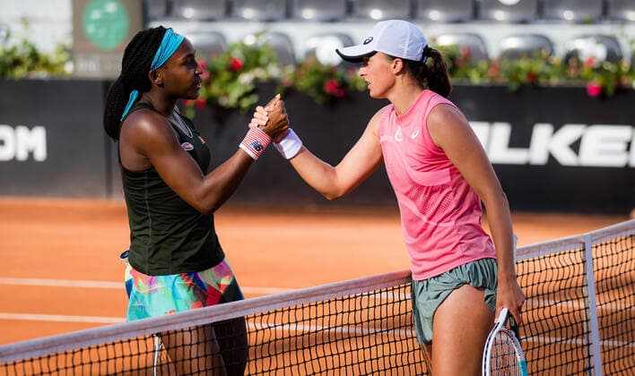 May 15, 2021, ROMA, ITALY: Cori Gauff of the United States & Iga Swiatek of Poland in action during the semi-final at the 2021 Internazionali BNL d Italia WTA, Tennis Damen 1000 tournament ROMA ITALY - ZUMAa181 20210515_zaa_a181_098 Copyright: xRobxPrangex