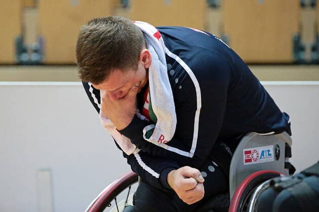 15 05 2021, xovx, Wheelchair Basketball Bundesliga, Playoffs Final German Championship Game 2, RSV Lahn Dill RSB Thuringia Bulls Dominik Mosler RSV Lahn Dill disappointed after 45 52 loss to RSB Thuringia Bulls Wetzlar Rittal Arena Hessen Germany EN