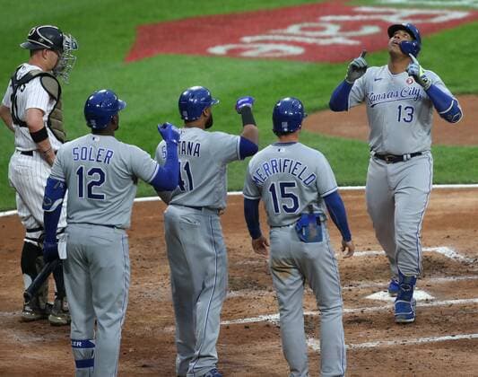 May 15, 2021: Royals catcher Salvador Perez (13) celebrates at the plate after hitting a three-run home run in the third inning against the White Sox on May 15, 2021, at Guaranteed Rate Field in Chicago. - ZUMAm67_ 0118059850st Copyright: xChrisxSwedax