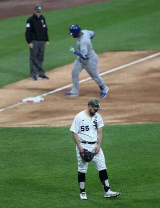 May 15, 2021: White Sox starting pitcher Carlos Rodon (55) collects his thoughts as Royals catcher Salvador Perez rounds the bases after hitting a three-run home run in the third inning on May 15, 2021, at Guaranteed Rate Field in Chicago. - ZUMAm67_ 0118059851st Copyright: xChrisxSwedax