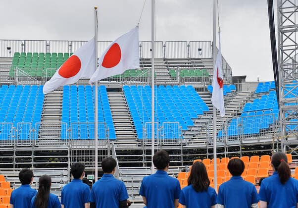 Staff members hold a rehearsal for commendation ceremony during the Tokyo 2020 Olympics 3x3 basketball test event READY STEADY TOKYO at Aomi Urban Sports Park in Tokyo, Japan on Sunday, May 16, 2021.  TKP2021051621 KEIZOxMORI