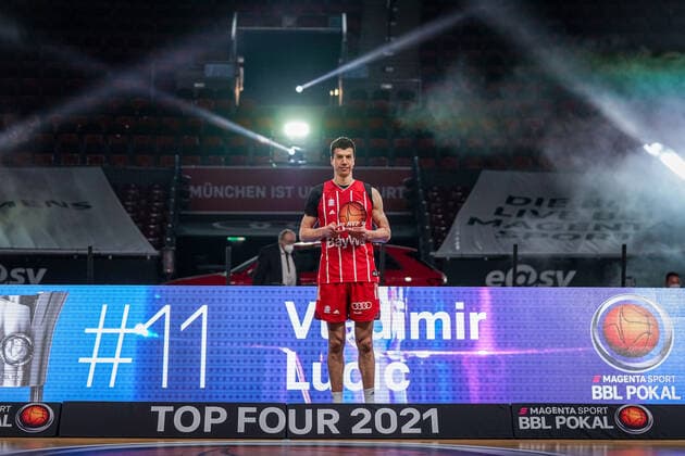 Basketball Munich 16 05 2021 Season 2020 2021 MagentaSport BBL Pokal TOP FOUR FINALE FC Bayern Munich ALBA Berlin Basketball Munich 16 05 2021 Season 2020 2021 MagentaSport BBL Pokal TOP FOUR FINALE FC Bayern Munich ALBA Berlin Munich wins the MagentaSport BBL Pokal Jubel Munich MVP Vladimir Lucic Munich, No 11 editorial use only commercial use only by arrangement with the photographer Munich Germany