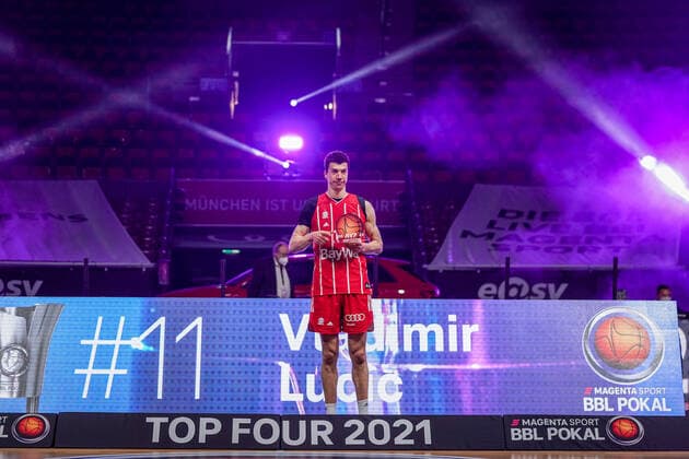 Basketball Munich 16 05 2021 Season 2020 2021 MagentaSport BBL Pokal TOP FOUR FINALE FC Bayern Munich ALBA Berlin Basketball Munich 16 05 2021 Season 2020 2021 MagentaSport BBL Pokal TOP FOUR FINALE FC Bayern Munich ALBA Berlin Munich wins the MagentaSport BBL Pokal Jubel Munich MVP Vladimir Lucic Munich, No 11 editorial use only commercial use only by arrangement with the photographer Munich Germany