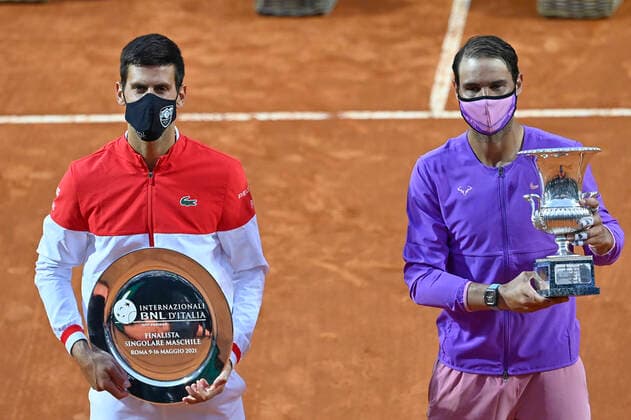 Photo Fabrizio Corradetti - LaPresse 16 05 2021 Roma (Italy) Tennis Final Novak Djokovic (SRB) vs Rafael Nadal (ESP) Internazionali BNL d Italia 2021 In the pic: Novak Djokovic, Rafael Nadal  Copyright: xFabrizioxCorradetti LaPressex