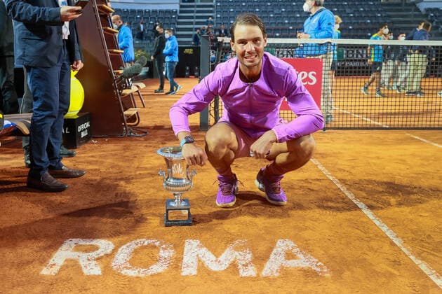 Internazionali BNL D Italia 2021 - Rafael Nadal VS Novak Djokovic ROME, ITALY, MAY 16: Rafael Nadal of Spain celebrates after winning the Final match against Novak Djokovic of Serbia at the Internazionali BNL D Italia 2021 in Rome, Italy on May 16, 2021. Rome Foro Italico Italy 6670_240468 Copyright: xGiampieroxSposito PentaxPressx
