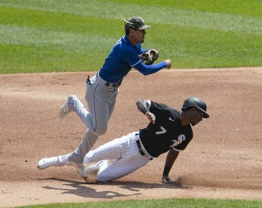 Baseball, MLB, Chicago White Sox - Kansas City Royals May 16, 2021: Royals shortstop Nicky Lopez turns a double play after retiring White Sox shortstop Tim Anderson in the first inning May 16, 2021, at Guaranteed Rate Field. - ZUMAm67_ 0118145812st Copyright: xBrianxCassellax