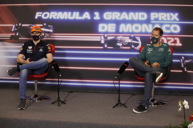 F1 Grand Prix of Monaco 33 Max Verstappen (NED, Red Bull Racing), 5 Sebastian Vettel (GER, Aston Martin Cognizant F1 Team), F1 Grand Prix of Monaco at Circuit de Monaco on May 19, 2021 in Monte-Carlo, Monaco. (Photo by Sebastien Nogier EPA FIA Pool via HOCH ZWEI) Monte-Carlo Monaco Poolfoto HOCH ZWEI Pool EPA-EFE ,EDITORIAL USE ONLY