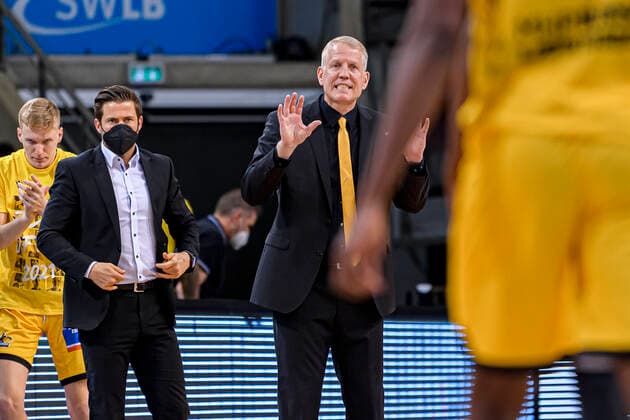 Ludwigsburg, Germany 19 May 2021 BBL 20 21 playoffs quarterfinals MHP Riesen Ludwigsburg vs Brose Bamberg head coach John Patrick Ludwigsburg gestures gestures Ludwigsburg MHP Arena Baden Württemberg Germany