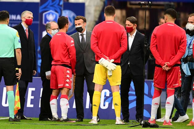 Emmanuel Macron - President de la Republique Francaise Nasser al Khelaifi - President Directeur General PSG Niko Kovac - Entraineur (Monaco) Wissam Ben Yedder (Monaco) Dmitry RYBOLOVLEV - president (Monaco) Noel Le Graet - president FFF FOOTBALL : Finale de la Coupe de France - Monaco vs PSG - 19 05 2021 JBAutissier Panoramic 