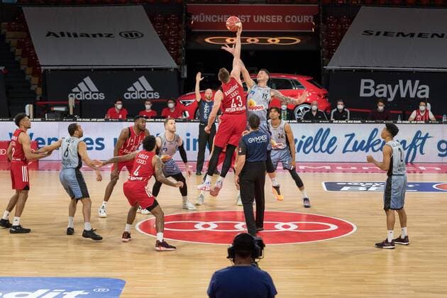 Basketball, BBL, 20210519, FC Bayern München Merlins Crailsheim In the picture iLeon RADOSEVIC FC Bayern München, 43 and Bogdan RADOSAVLJEVIC Merlins Crailsheim, 15 Tip Off Munich Audi Dome Bayern Germany Copyright: Passion2Press MarkusxFischerx
