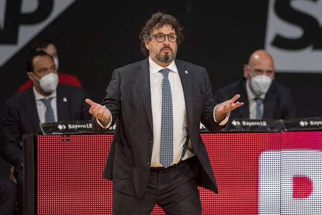 Basketball, BBL, 20210519, FC Bayern München Merlins Crailsheim In the picture Head Coach of FC Bayern München Andrea TRINCHIERI perplexed dissatisfied irritated Munich Audi Dome Bayern Germany Copyright: Passion2Press MarkusxFischerx