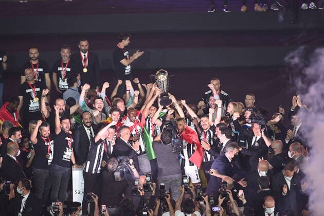 2020-2021 Turkish Super League Champion Besiktas FC celebrated its championship with the fans outside of the Vodafone Park stadium , Istanbul , Turkey on May 19 , 2021. Pictured: Besiktas s players poses with Tropy for the media. 