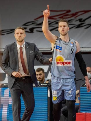Crailsheim coach Tuomas IISALO and 9 BLECK basketball, Bayern Crailsheim, BBL playoff, quarterfinal, 1 game, 2020 2021 season, on 19 5 2021 in Munich, A U D I D O M E, Germany Source Copyright Credit Oryk HAIST xx