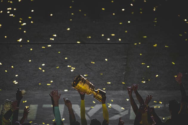 Berlin, Olympiastadion 13 05 21 Team Dortmund with Marco Reus BVB , Erling Haaland BVB , Jude Bellingham BVB celebrate the victory 4 1 after the final cup match between RB Leipzig vs Borussia Dortmund