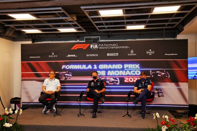 F1 Grand Prix of Monaco Andreas Seidl (GER, McLaren F1 Team), Christian Horner (GBR, Red Bull Racing), Jost Capito (GER, Williams Racing), F1 Grand Prix of Monaco at Circuit de Monaco on May 20, 2021 in Monte-Carlo, Monaco. (Photo by xpbimages.com XPB Images FIA Pool via HOCH ZWEI) Monte-Carlo Monaco Poolfoto HOCH ZWEI Pool XPB Images ,EDITORIAL USE ONLY