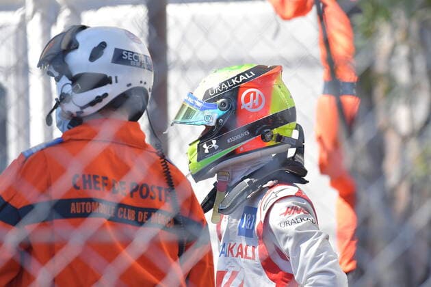 FORMULA 1 GRAND PRIX DE MONACO 2021, 20 23 05 2021 20 05 2021, Monaco Circuit, Monte Carlo, FORMULA 1 GRAND PRIX DE MONACO 2021, 20 23 05 2021 , in picture Mick Schumacher DEU 47 , Haas F1 Team has hit the crash barriers with his car and has to park the car nordphotoxGmbHx xBratic nph00250