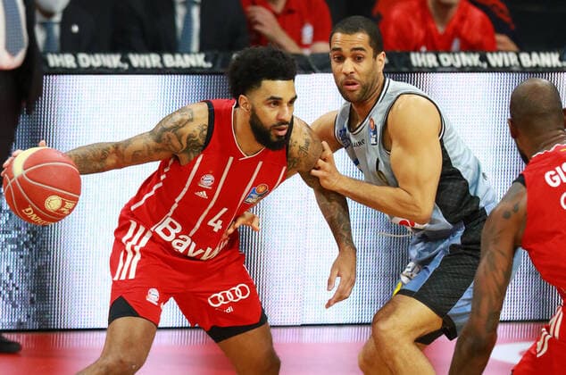 4 Dennis Jerome Seeley FCBB red, vs 6 Elias Lasisi Crailsheim basketball, 1 Bundesliga, BBL, FC Bayern Munich, HAKRO Merlins Crailsheim at Audi Dome, 21 05 2021, playoff, game 2, PHOTO Mladen Lackovic LakoPress