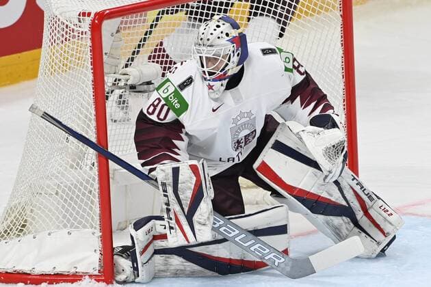 Eishockey, WM, Kanada - Lettland Goalkeeper Matiss Kivlenieks of Latvia during the 2021 IIHF Ice hockey, Eishockey World Championships preliminary round group B match Canada vs Latvia in Riga, Latvia, on May 21, 2021. Riika, Riga Latvia LKFTJK20210521203033BHOZ  Copyright: xJussixNukarix