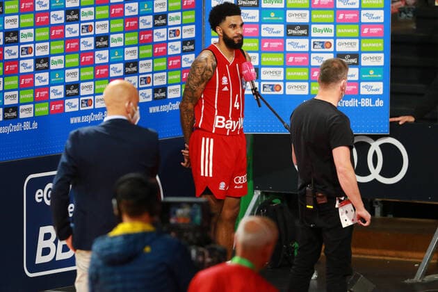 4 Dennis Jerome Seeley FCBB best thrower, 33 pts, gives an interview after the game Basketball, 1 Bundesliga, BBL, FC Bayern Munich, HAKRO Merlins Crailsheim at Audi Dome, 21 05 2021, playoff, game 2, PHOTO Mladen Lackovic LakoPress