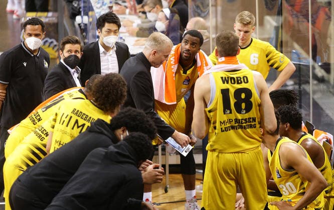 Ludwigsburg , Basketball easyCredit BBL Bundesliga ,Quarterfinal Game 2, MHP RIESEN Ludwigsburg vs Brose Bamberg , Coach John Patrick Riesen with his team