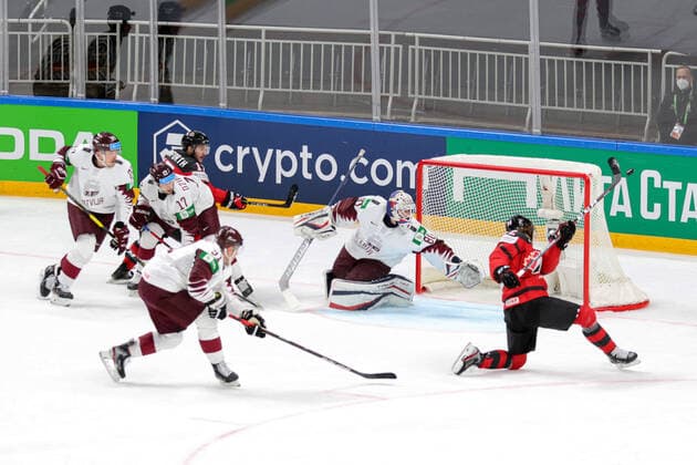 Shot on goal by B. Hagel (Canada) during World Championship, WM, Weltmeisterschaft 2021 - Canada vs Latvia, Ice hockey, Eishockey in Riga, Latvia, May 21 2021  Copyright: xLiveMedia AndreaxRex xIPAx xLiveMediax 0