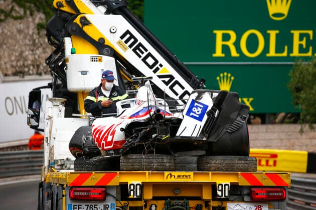 Car of 47 Mick Schumacher GER, Haas F1 Team after crash, F1 Grand Prix of Monaco at Circuit de Monaco on May 22, 2021 in Monte Carlo, Monaco Photo by HOCH ZWEI Monte Carlo Monaco