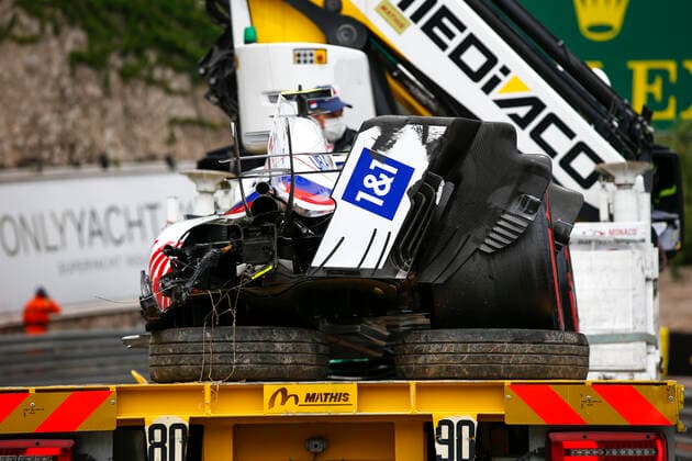 Car of 47 Mick Schumacher GER, Haas F1 Team after crash, F1 Grand Prix of Monaco at Circuit de Monaco on May 22, 2021 in Monte Carlo, Monaco Photo by HOCH ZWEI Monte Carlo Monaco