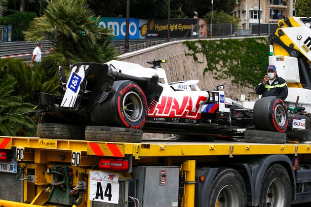 Car of 47 Mick Schumacher GER, Haas F1 Team after crash, F1 Grand Prix of Monaco at Circuit de Monaco on May 22, 2021 in Monte Carlo, Monaco Photo by HOCH ZWEI Monte Carlo Monaco