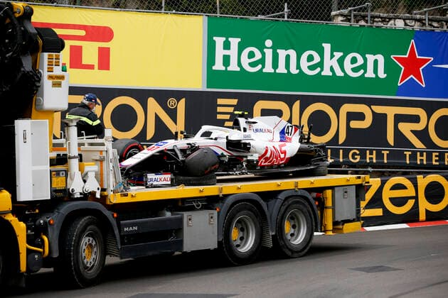 Car of 47 Mick Schumacher GER, Haas F1 Team after crash, F1 Grand Prix of Monaco at Circuit de Monaco on May 22, 2021 in Monte Carlo, Monaco Photo by HOCH ZWEI Monte Carlo Monaco