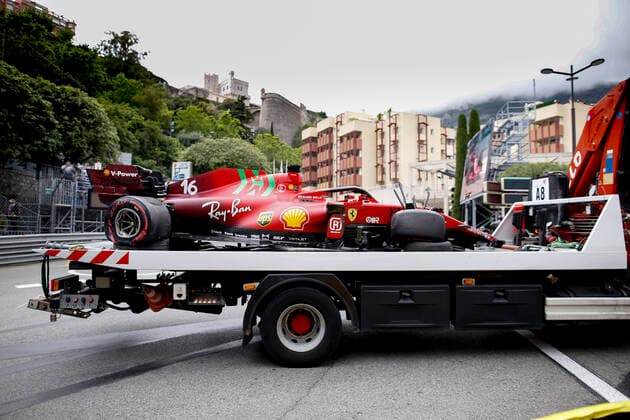 Damaged car of 16 Charles Leclerc MON, Scuderia Ferrari Mission Winnow , F1 Grand Prix of Monaco at Circuit de Monaco on May 22, 2021 in Monte Carlo, Monaco Photo by HOCH ZWEI Monte Carlo Monaco